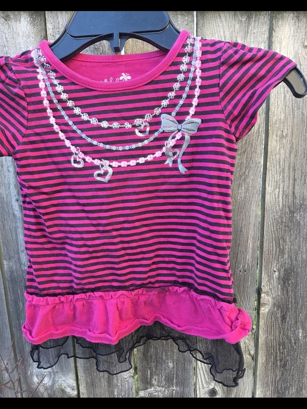 okie dokie Pink & Black Striped Short Sleeve Top with Bow and Ruffle Hem